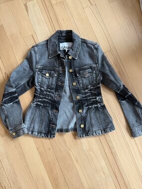 Ganni Black Washed Denim Jacket with Gold Buttons